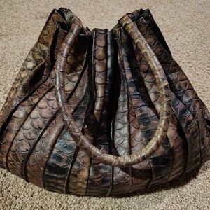 Vintage Brown Snake Leather Hobo Drawstring Bag Purse with Textured Pleats